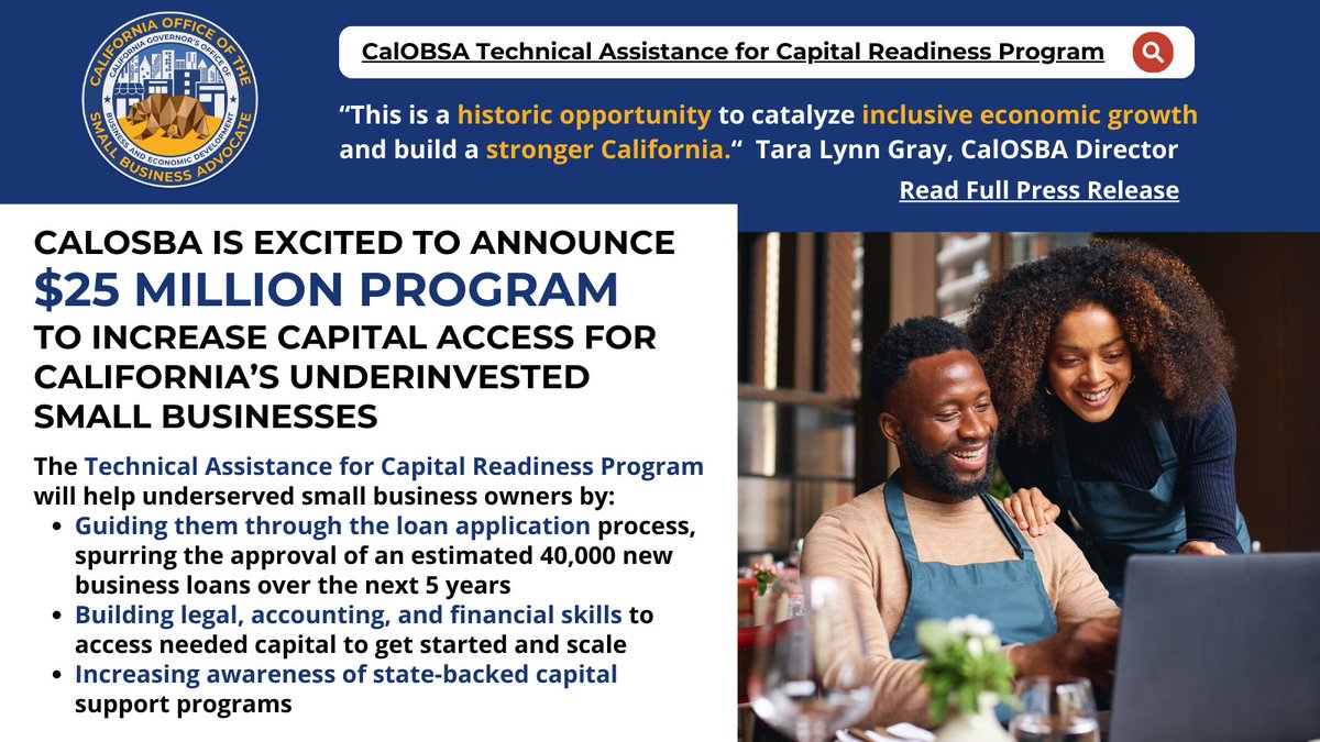 Just announced 📣 CalOSBA launches new $25 million program to increase capital access for California’s underinvested small businesses.​ Read full press release here bit.ly/3VyWSyt