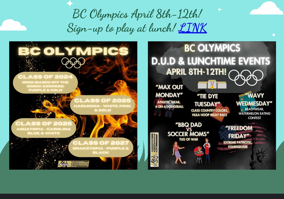 Check out activities this week at The Colony! Remember we have a minimum day on Thorsday & our spring break Food Fair! When we get back from spring break, get ready for the BC Olympics!!! ⚡️😎