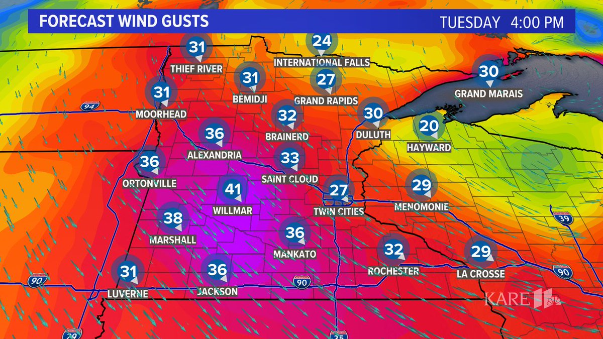 Hang on tight! Gusty northwest winds will make Tuesday feel quite cold. There will be blowing snow to deal with during the morning hours too. #mnwx #wiwx #kare11 #kare11weather
