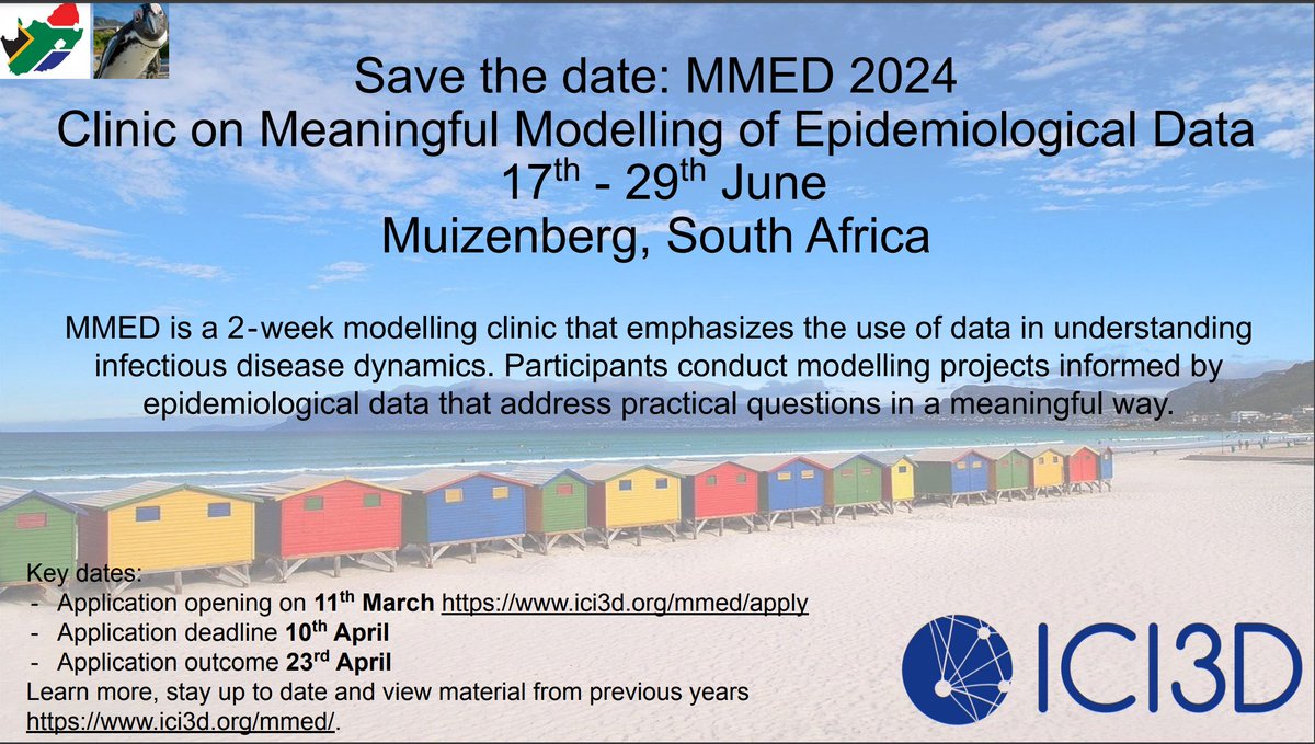 🗣️🗣️🗣️ Please Spread The Word ! Clinic on Meaningful Modelling of Epidemiological Data (MMED). 2 ‐week modelling clinic emphasizes use of data in understanding infectious disease dynamics 🗓️ 17th - 29th June, 2024, Muizenberg, South Africa. Apply: ici3d.org/mmed/apply