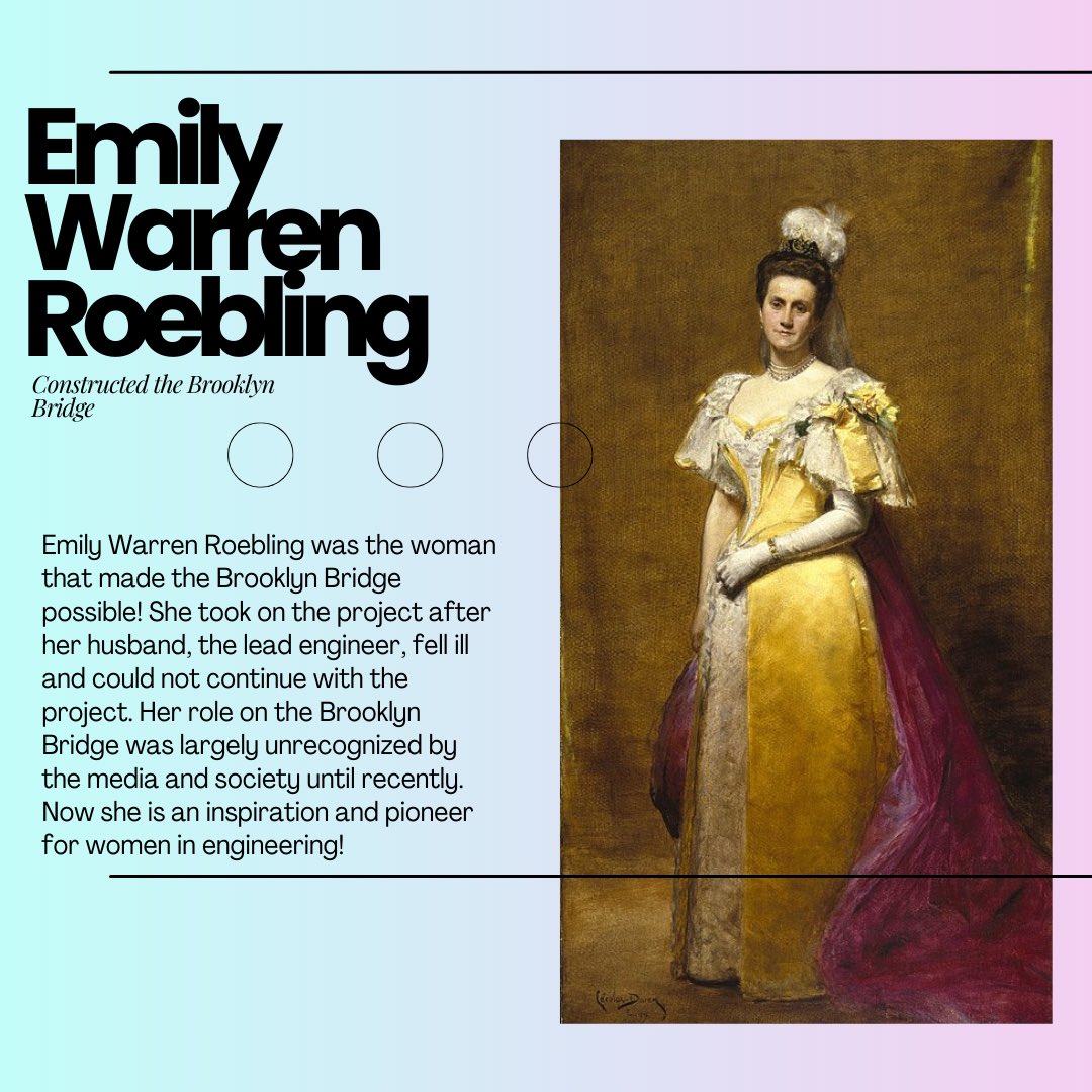 afimuprm's tweet photo. Second post in our women in mechanical engineering series! 
💫👩🏻‍🔧👩🏼‍🔧👩🏽‍🔧👩🏾‍🔧👩🏿‍🔧💫

Meet Emily Warren Roebling without her the Brooklyn Bridge wouldn’t have been completed! ✨🌉

Tune every monday for our weekly shoutout to women that have made history in our field!! 🩷🩵 https://t.co/o8cllVJLcF