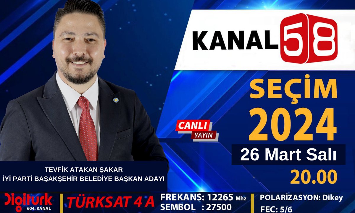 Bu akşam Kanal 58 TV’de Esra Polat’ın Sunduğu #Seçim2024 programında Başakşehir için vaatlerimi konuşacağız. 

Daha İYİ Bir Başakşehir Mümkün! 

🗓 26 Mart Pazartesi 
⏰ 20.00
📺 KANAL58