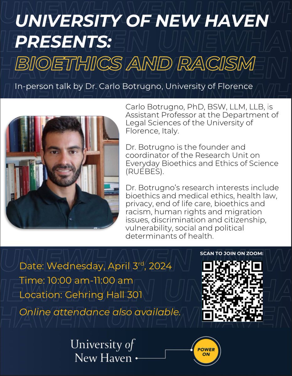 Join us online or in person at University of New Haven to talk about #bioethics &amp; #racism #health #humanrights #medicine #newhaven #ethical #black #blacklivesmatter  #genetic #pediatric #biomedical #race #migrantes #Migration #Care @degruyter_phil