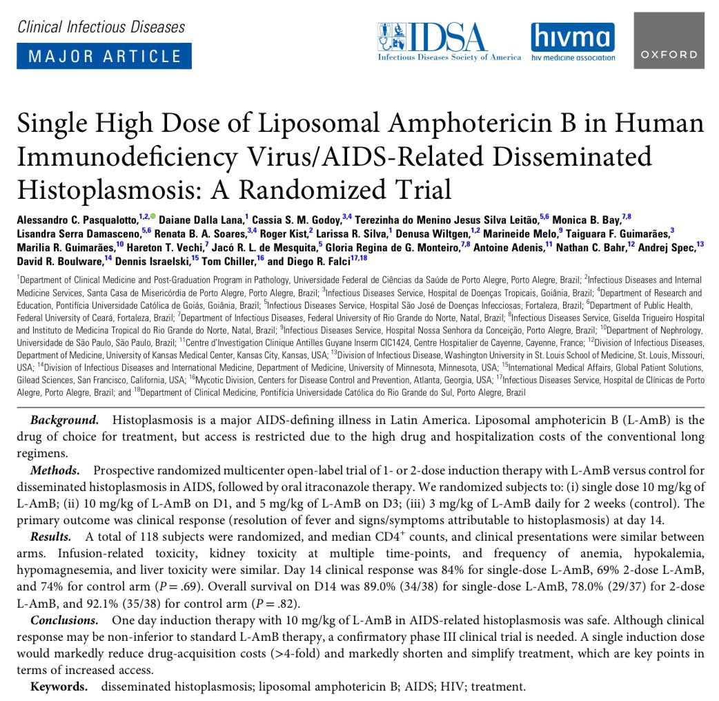 A single high dose (10 mg/kg) of liposomal amphotericin works pretty well as induction therapy for cryptococcal meningoencephalitis. 
Why wouldn’t be the case for histoplasmosis? A phase II trial was recently published with exciting results in CID.
#histoplasmosis #AIDS