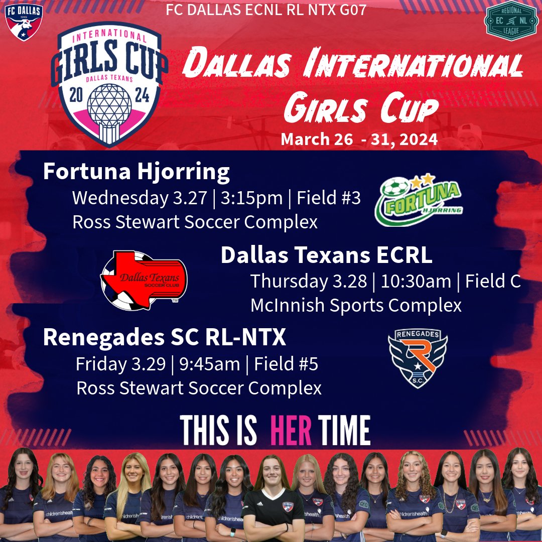 We're excited to be on the pitch this week playing in the Dallas International Girls Cup! 👊

Check out our schedule! 🗓️

#DTIGC #ThisIsHERTime #thisishertime #ecnlgirls <a href="/ECNLRLntxgirls/">ECNL RL - NTX Girls</a> @FCDwomen #dtid