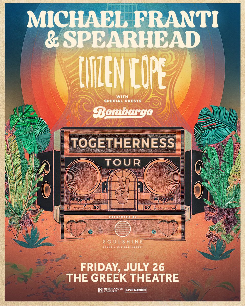 JUST ANNOUNCED: Michael Franti & Spearhead are bringing the Togetherness Tour to the Greek Theatre on Friday, July 26 with special guests Citizen Cope and Bombargo! Presales begin Wednesday, March 27 at 12pm local. General on sale Friday, March 29 at 10am local.