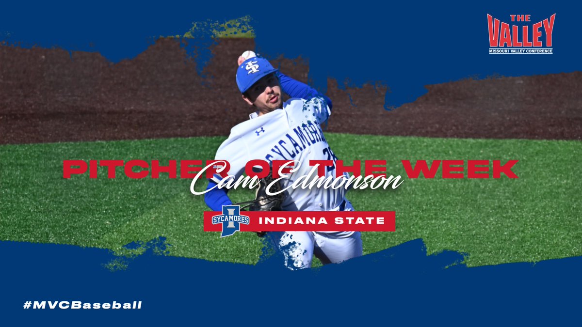 Missouri Valley Conference (@mvcsports) on Twitter photo Pitcher of the Week ⫸ Cam Edmonson, <a href="/IndStBaseball/">Indiana State Baseball</a>
▪️Pitched a 2-0 record & 1.29 ERA, throwing 136 pitches out of the bullpen over 7.0-innings of work.
▪️ He posted a 10:3 strikeout-to-walk ratio with all six hits recorded against him going for singles.
#MVCBaseball Pitcher of the Week ⫸ Cam Edmonson, <a href="/IndStBaseball/">Indiana State Baseball</a>
▪️Pitched a 2-0 record & 1.29 ERA, throwing 136 pitches out of the bullpen over 7.0-innings of work.
▪️ He posted a 10:3 strikeout-to-walk ratio with all six hits recorded against him going for singles.
#MVCBaseball