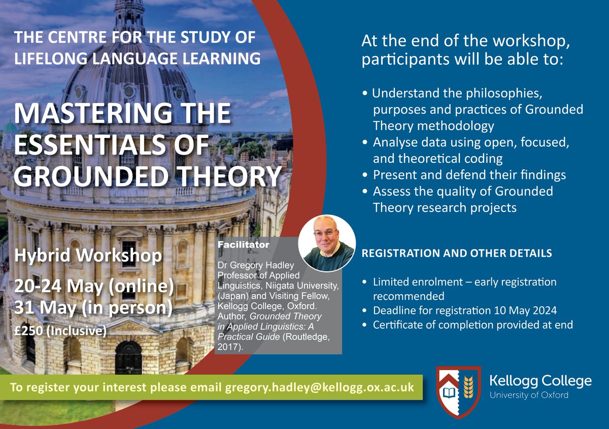 🚨 Attention all researchers & grad students! 🚨 Only 3 days left to reserve a room onsite for the Mastering the Essentials of Grounded Theory Workshop at Kellogg College, Oxford. Dive into #groundedtheory with Gregory Hadley. 📚✨ #researchskills @KelloggOx @MMIRAssociation