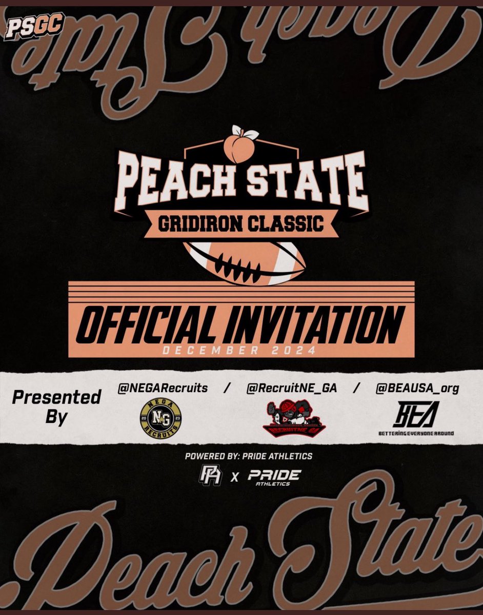 Extremely blessed to have been invited to the Peach State Gridiron Classic Game! @PeachStateGC @NEGARecruits @RecruitNE_GA @CoachDaniels06 @BEAUSA_org @NewEraGrind