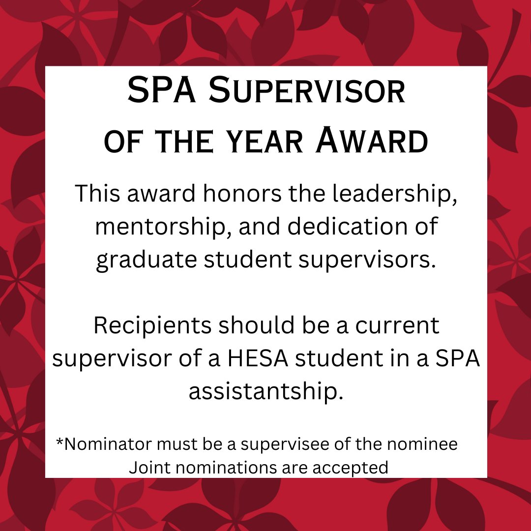 For 75 years, OSU's HESA & SPA alums have made tremendous contributions to the field. We recognize wonderful alumni & supporters through our HESA awards. Nominations are due April 1st(no joke)- so take nominate someone today! For more info, visit go.osu.edu/hesa-awards