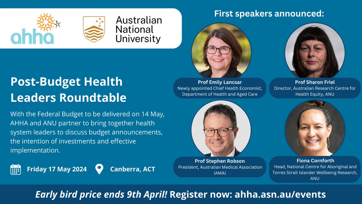 Post-Budget Health Leaders Roundtable speakers announced! AHHA and ANU will be joined at our upcoming Roundtable by notable speakers including Professor Emily Lancsar, Professor Sharon Friel, Professor Stephen Robson and Fiona Cornforth. Secure your place: ow.ly/9foo50R1MZF