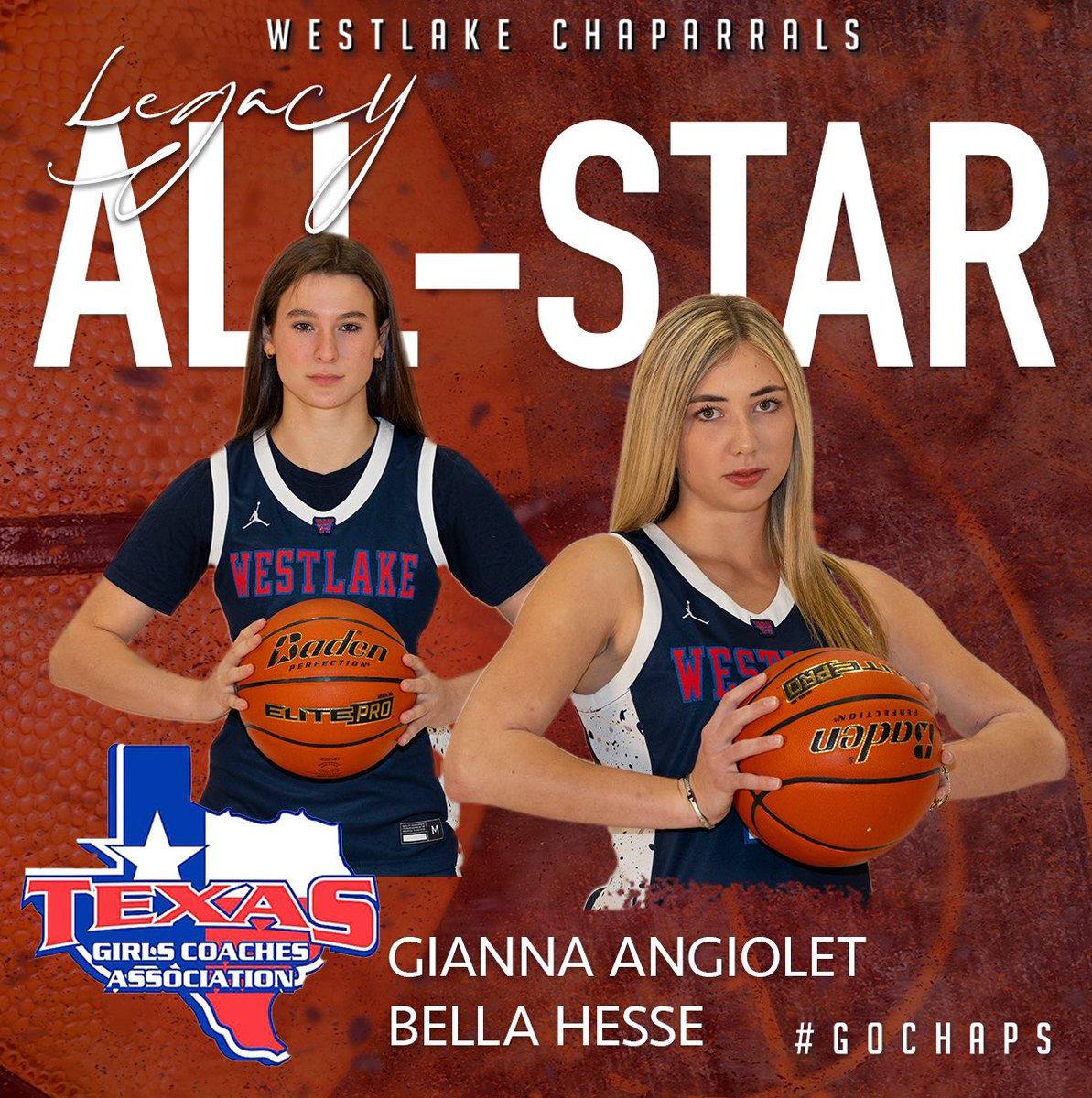 The Texas Girls Coaches Association name Gianna Angiolet and Bella Hesse to the 2023-2024 TGCA Legacy All-Star Team. The TGCA chooses among 5A and 6A players from across the state at both classifications. Congratulations, Gianna and Bella. #GoChaps