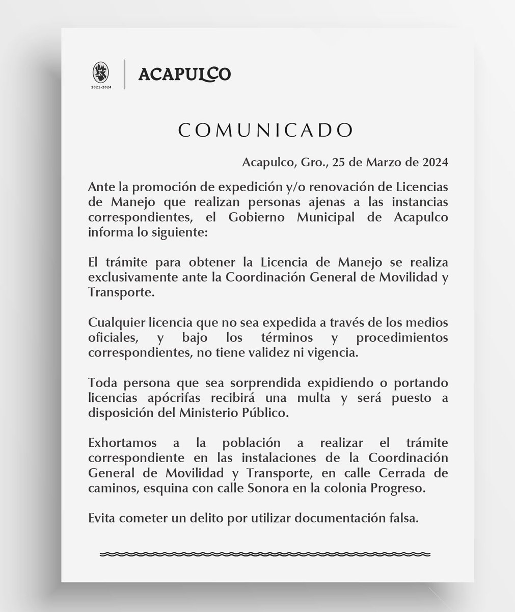 SEGURIDAD. | El Gobierno Municipal de Acapulco, a través de la Coordinación de Movilidad y Transporte, advierte a quienes ofrezcan, expidan o porten documentación falsa, la comisión de un delito que será penado.