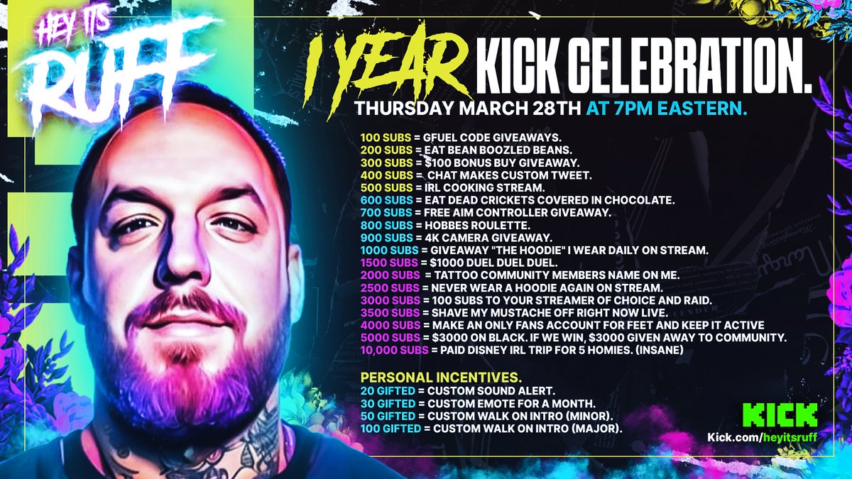 HeyItsRUFF's tweet photo. THIS THURSDAY MARCH 28TH AT 7PM EASTERN ON KICK!! WE ARE CELEBRATING MY 1 YEAR ANNIVERSARY ON THE PLATFORM!!!

RSVP to this post by Liking, Commenting and Retweeting this for your chance to win $500 Cash!!!

This should be a banger, make sure you come say hello!!! <3