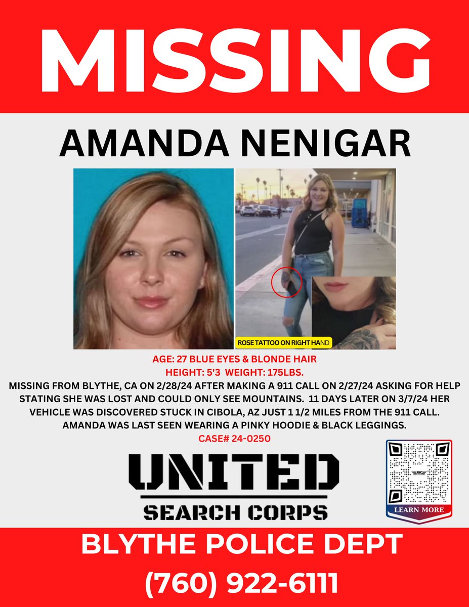UnitedSearchCo's tweet photo. Critical errors: 27 yr old Amanda Nenigar called 911 for help, responding deputy shows up 30 miles away from Amanda. 11 days later, Amanda's car was located stuck only 1 1/2 miles from location she gave 911. #FindAmandaNenigar
https://t.co/FDuBd3523p https://t.co/ETQyvKuU9v