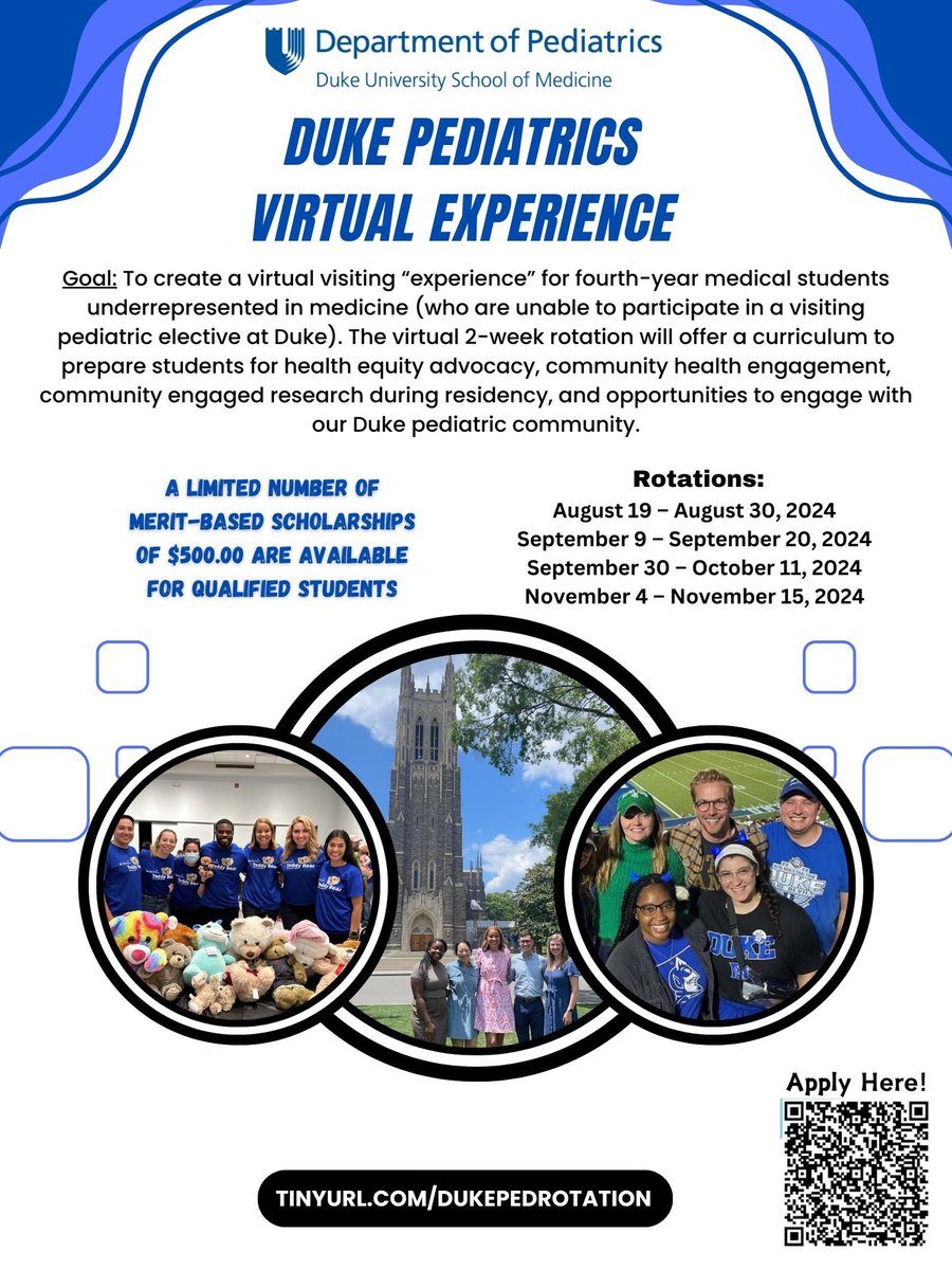 For the 4th year medical students applying to pediatrics - We are accepting applications for our Virtual Visiting Rotation for #pedsmatch2025 URiM applicants! Apply here: pediatrics.duke.edu/education/medi…