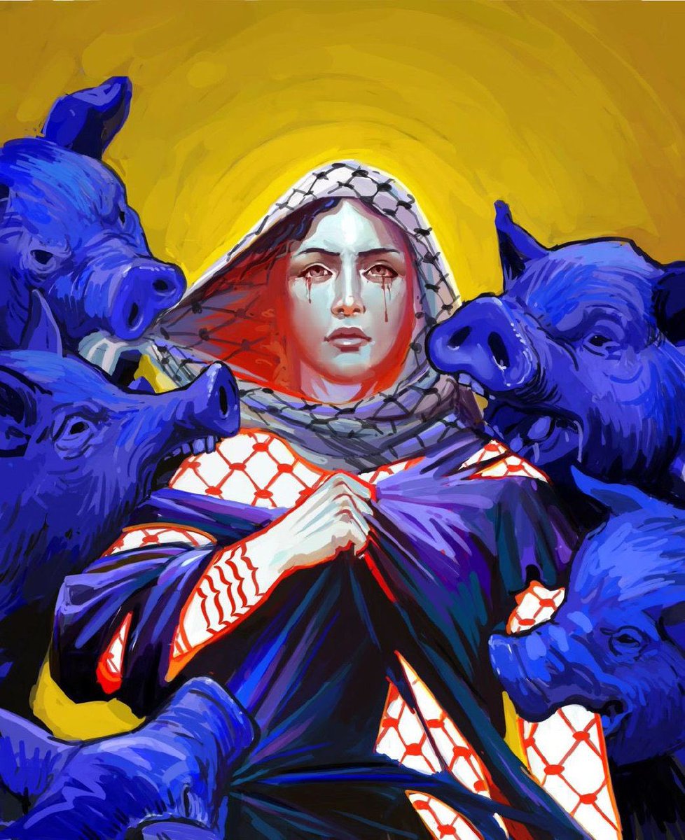 لوحةٌ للفنان الإيراني، ميكائيل براتي وهو يصف الحالة الحيوانية
للصهاينة وتشبيههم بالخنازير 
وهم ينهشون شرف النساء 
في غزّة! 
#طوفان_الاقصى