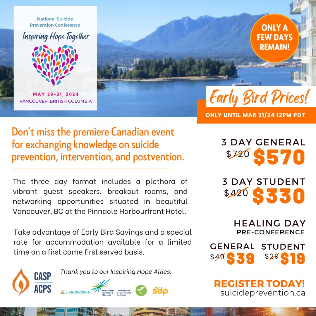 Join us in Inspiring Hope Together at the National Suicide Prevention Conference this May! Visit bit.ly/4bh0Elx to learn more and register today! #suicideprevention #MentalHealth #mentalhealthmatters #Vancouver #VancouverBC #Conference2024 #Canada #Conference