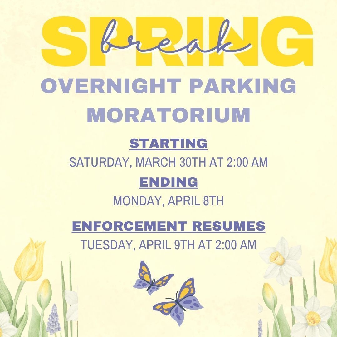 Happy Spring Break 2024! The City of San Dimas will be suspending overnight parking restrictions and enforcement for Spring Break. - Starting: Saturday, March 30th @ 2:00 a.m. - Ending: Monday, April 8th - Enforcement will resume on Tuesday, April 9th at 2:00 a.m.
