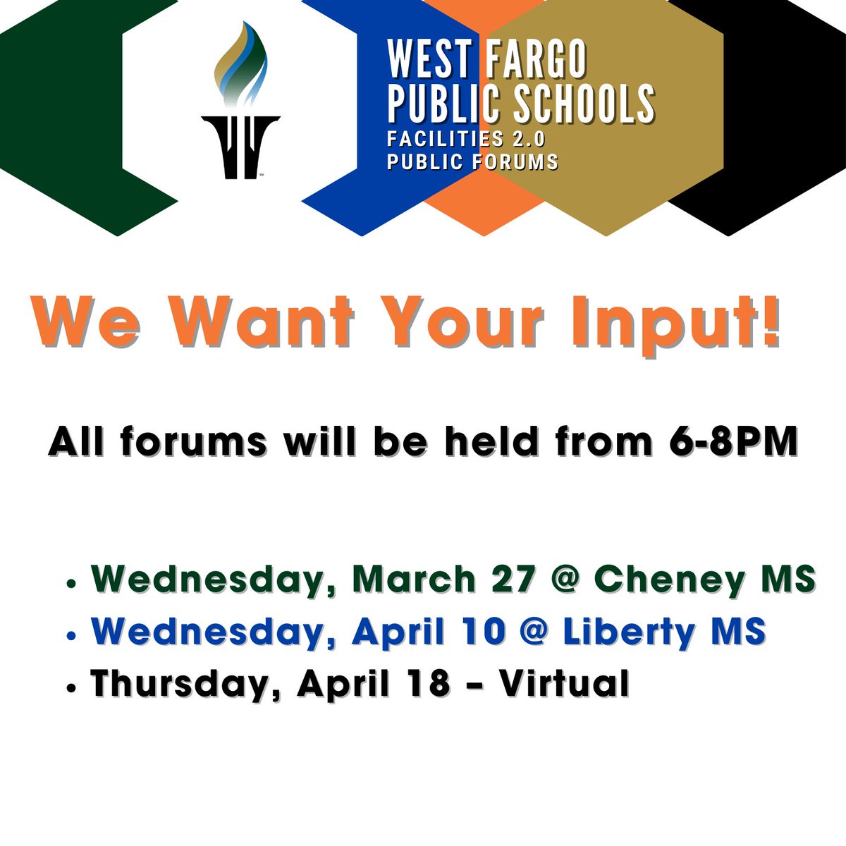 This Wednesday! Help determine the next steps for addressing growth in the district.
These public forums will be held from 6pm to 8pm on:
Wed, March 27@Cheney MS
Wed, April 10@Liberty MS
Thurs, April 18–Virtual
Visit ow.ly/MVuh50R1gYx for more info about Facilities Plan 2.0