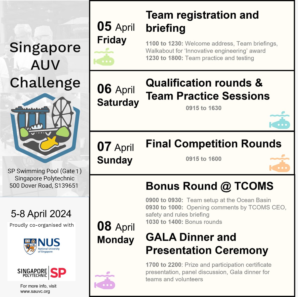 The schedule has been published at sauvc.org/#schedule. 

Days 1-3 are open to the public! Come join us for an excitement-filled event. Don't miss the opportunity to witness the clash of (robotic) titans! 

#SAUVC24