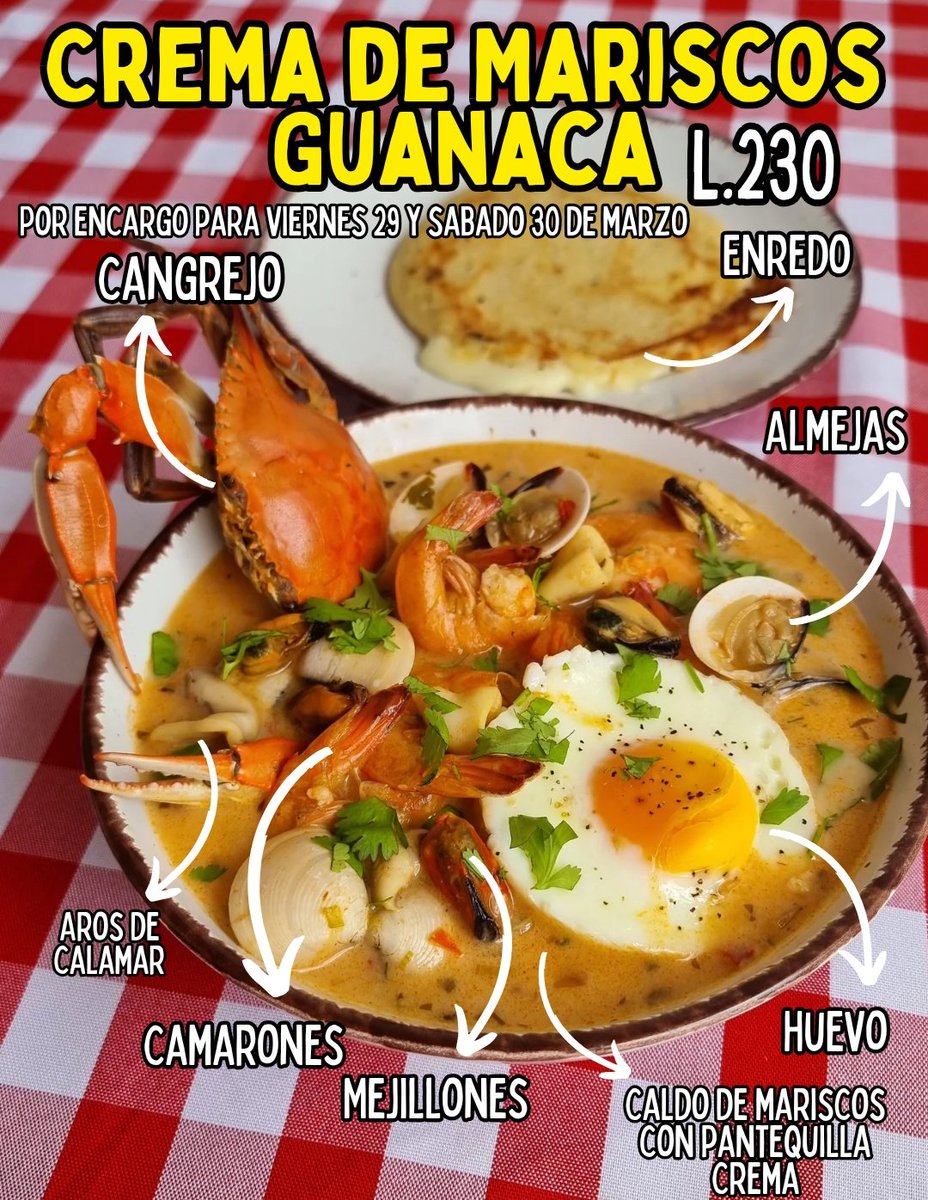 burgersalsa's tweet photo. Crema de Mariscos Guanaca🇸🇻🥣🦀🦐
POR ENCARGO para entrega Viernes 29 y Sábado 30 de Marzo

Cremosa sopa de mariscos con cangrejo, camarones, almejas, mejillones, aros de calamar, huevo, mantequilla crema y un enredo (pupusa de quesillo)
💰L.230 (Por encargo) https://t.co/Rm9oLt9y4v