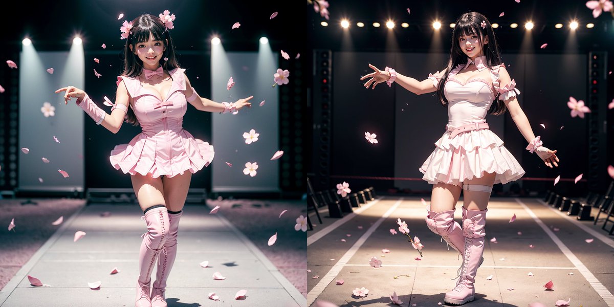 第3回おじぎねこ杯✨ 
3枚目の投稿です  
テーマ：AI美女×桜📷🌸
桜が舞う特設リングで対戦する二人のプロレスラーの入場シーン
