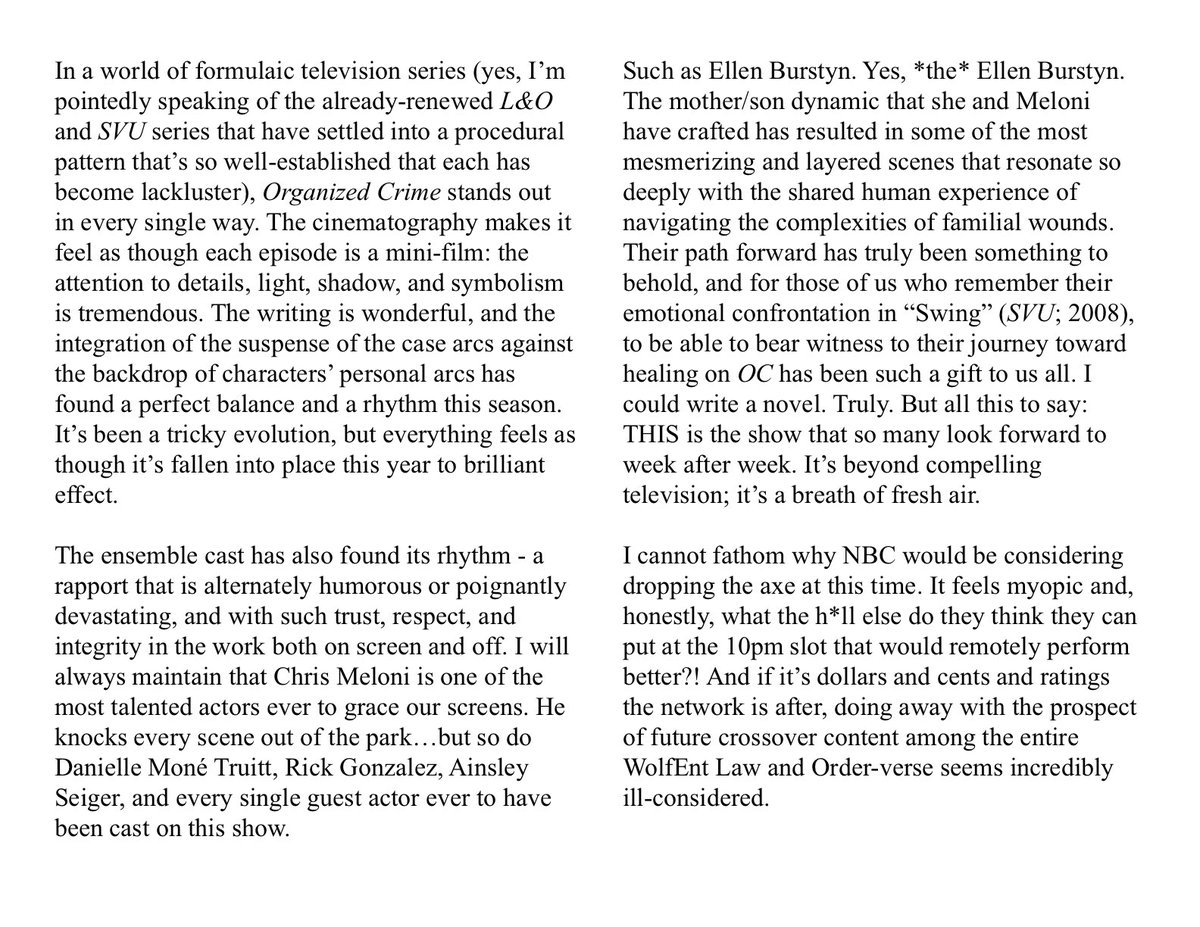 JessicaR_NY's tweet image. Just put my two cents into the ether… Commented there. Cross-posting here.

@nbc @NBCUniversal @Chris_Meloni @DaniMoneTruitt @officialrickg #AinsleySeiger 

#RenewOC #RenewOrganizedCrime