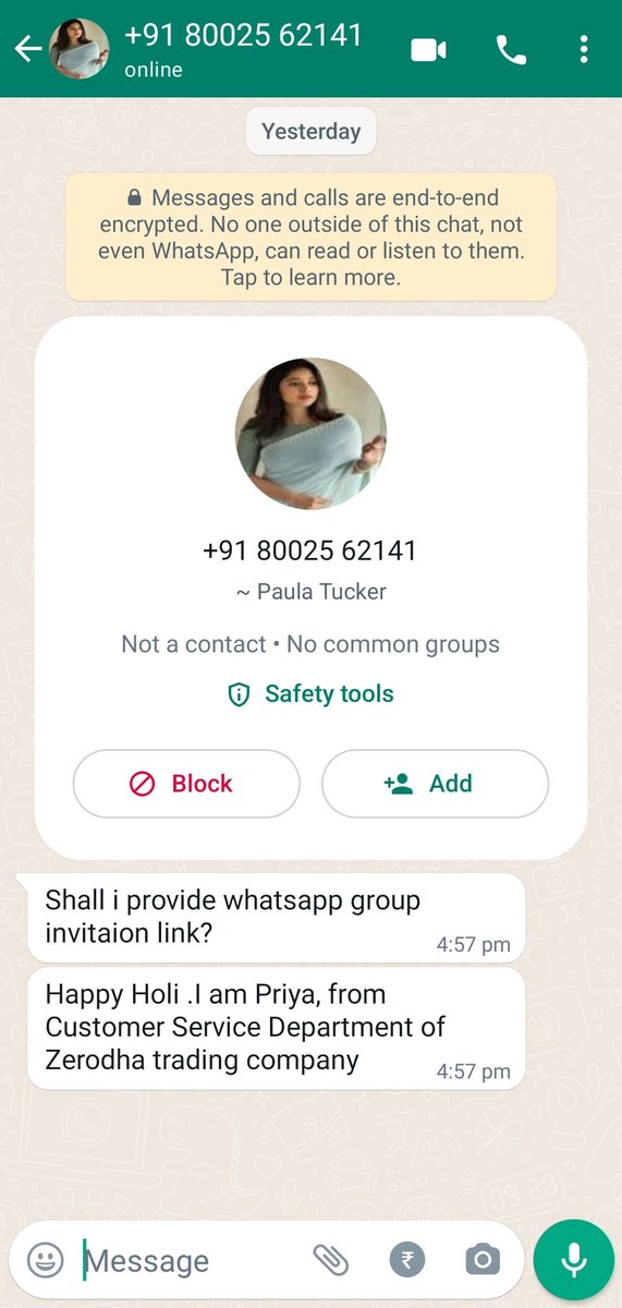ShoebKalania's tweet photo. Received a call &amp; message from this number claiming to be a Zerodha rep, offering free webinars on Share Market &amp; Trading. 

Legit or phishing attempt?

Possible breach, with Zerodha customer contacts leaked to a third party?

@zerodha @Nithin0dha https://t.co/r8dMR3JHkU
