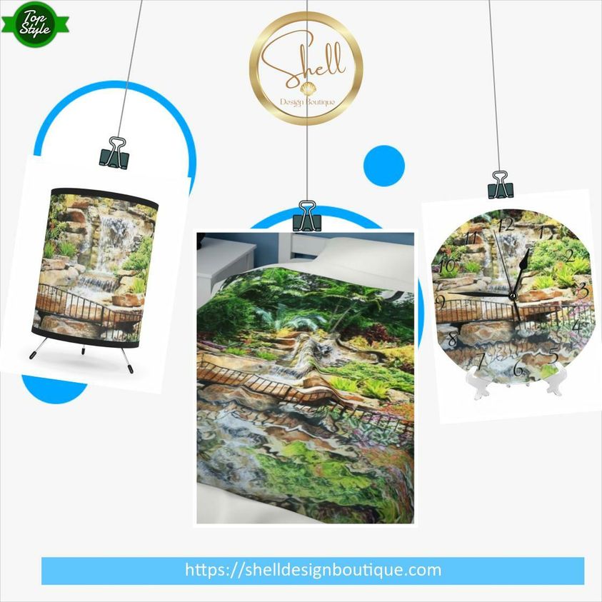 Sizzling  hot deal! Tropical Waterfall Blanket Bundle, available for 15% off when  you buy the bundle. Ignite the town!  Includes blanket, tripod lamp  and clock.
bit.ly/4aKFmfh
#artist #shelldesignboutique #patterndesign #digitalart #followme #photography #printondemand