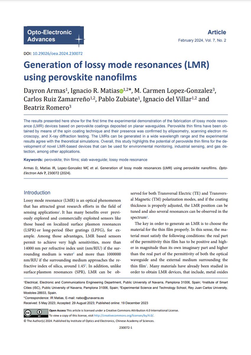 #OEA_highlight Generation of lossy mode resonances (LMR) using perovskite nanofilms doi.org/10.29026/oea.2… by Prof. #IgnacioMatias from @UNavarra and #BeatrizRomero @URJCestudiantes  #perovskite #ThinFilms #LossyMode #LMR #slab #waveguide