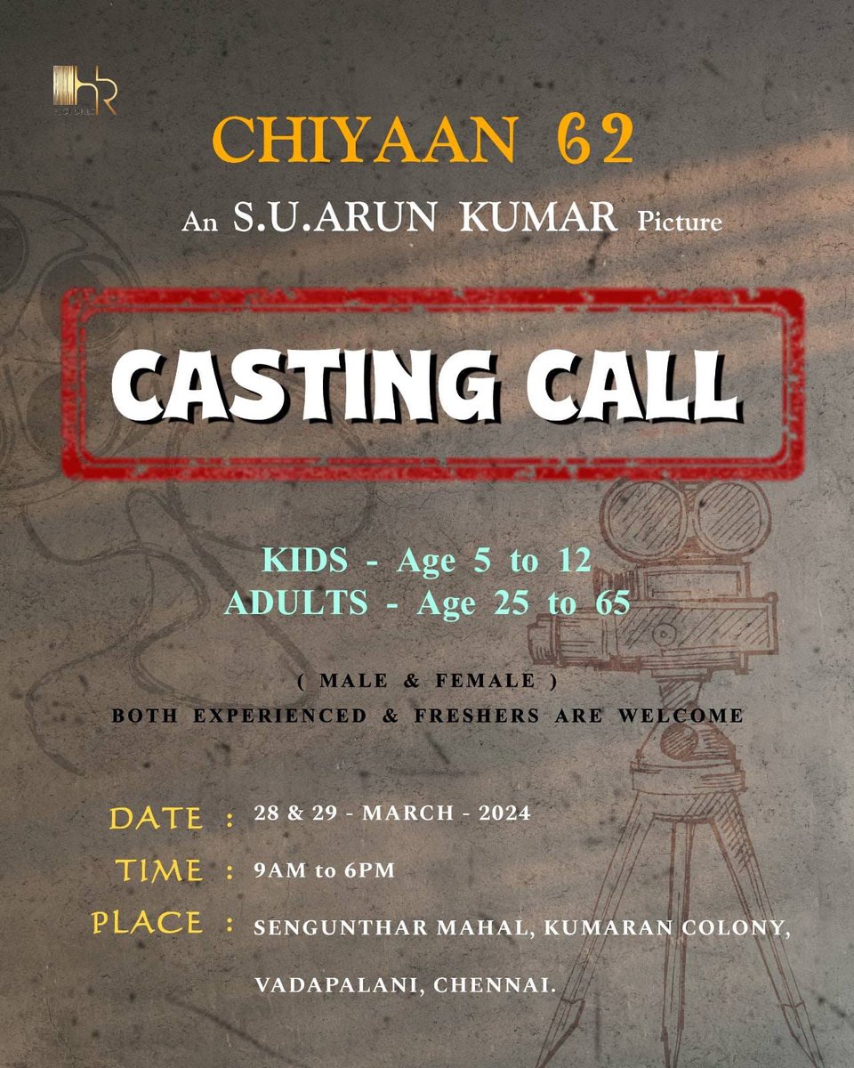 Casting call for #Chiyaan62 in Chennai !! 

#ChiyaanVikram #SjSuryah  #SUArunkumar #Gvprakash  #surajvenjaramiodu 
@riyashibu_ @shibuthameens @propratheesh @nareshdudani 
@sooriaruna @rubesh_Rk_ 
@proyuvraaj