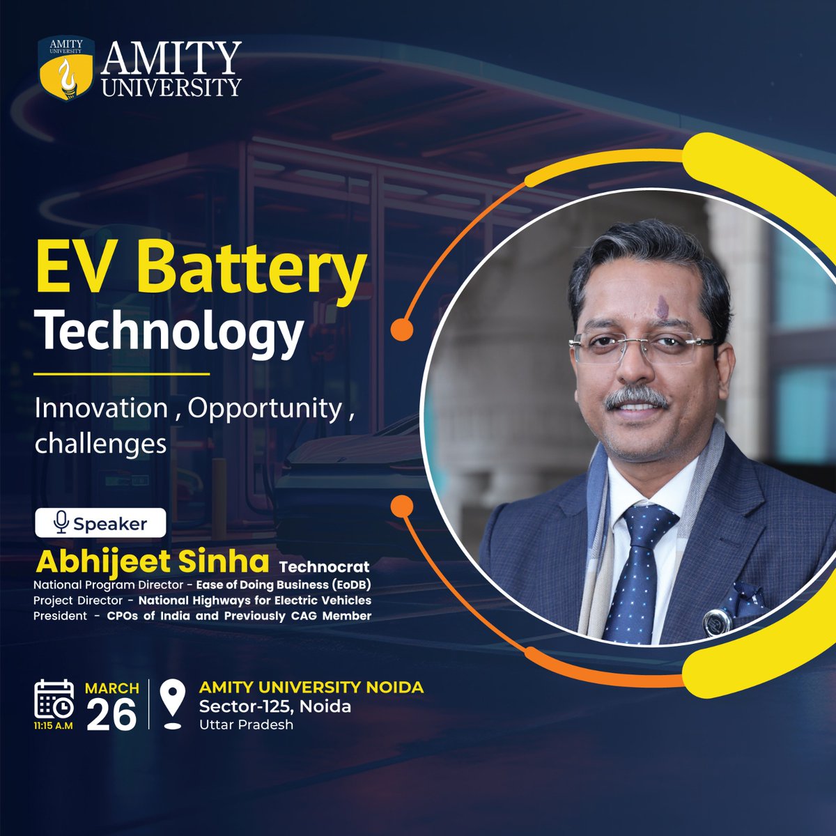 Thrilled to announce that our National Program Director, Abhijeet Sinha, will be speaking at Amity University on EV battery technology! Join us as we explore the innovation opportunities and challenges shaping the future of electric vehicles. 
#EV #BatteryTechnology #Innovation