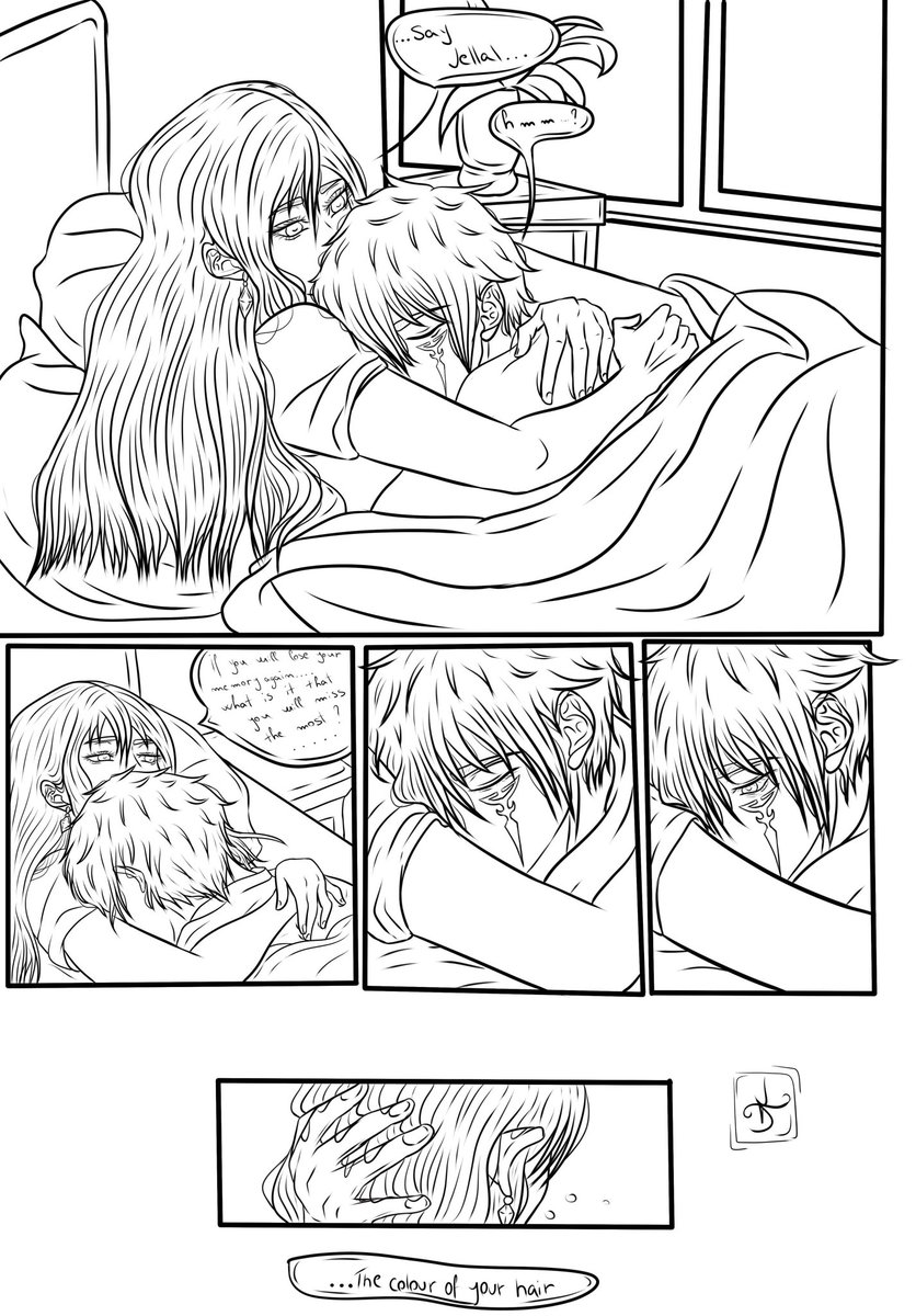 Erza: " ...Say Jellal.. "
Jellal: " Hmm?"
Erza: If you lose your memory again...what is that.. you will miss the most?"
Jellal: " The color of your hair "

Just found this old mini comic!!♥️💙
🌺🌺
#Erza #Jellal #jerza #FairyTail #lineart #digitalart