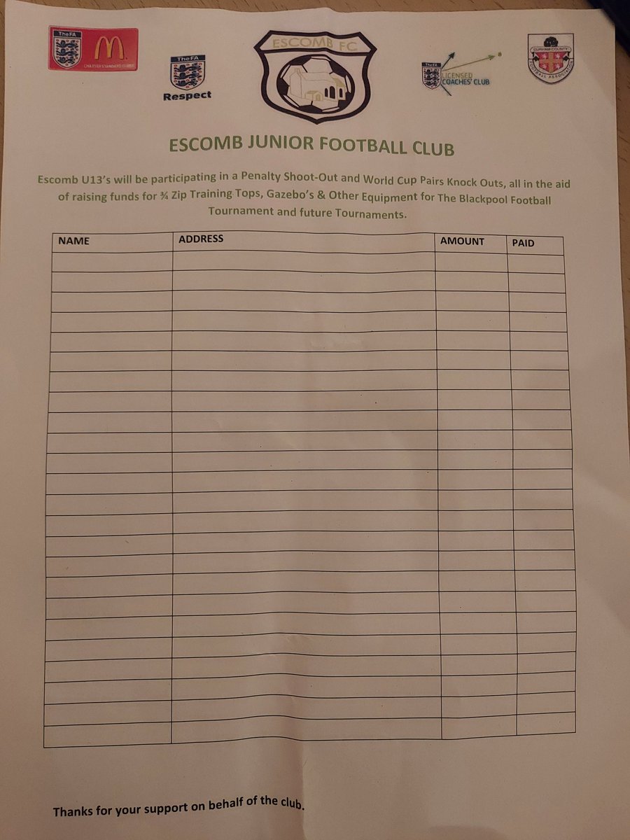 In May, Escomb under 13's, will participate in the Blackpool Festival. We are raising funds for equipment required for the weekend.
The boys are doing a penalty shootout &amp; World Cup knockouts.
Any sponsorship would be greatly received.  #EscombFC
