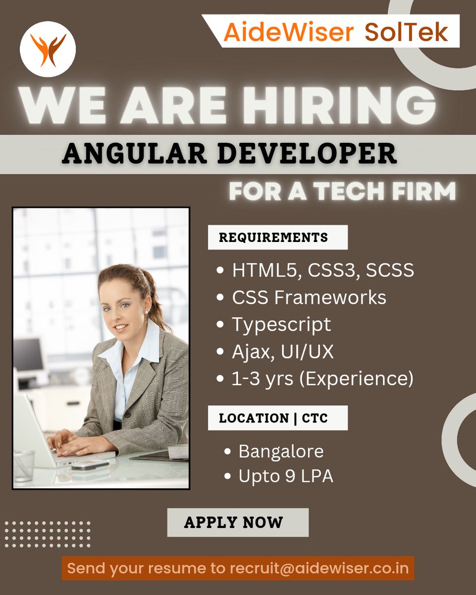 Hiring! Hiring! Hiring! 
We are hiring an Angular Developer! 

#Recruitmentmatlabaidewiser

Send your resume to recruit@aidewiser.co.in

#AideWiser #angulardeveloper #tech #hiring #inesreg #TheBachelorFinale #bachelor #Maddow #MoscowAttack  #ViratKohli𓃵  #RohitSharma𓃵