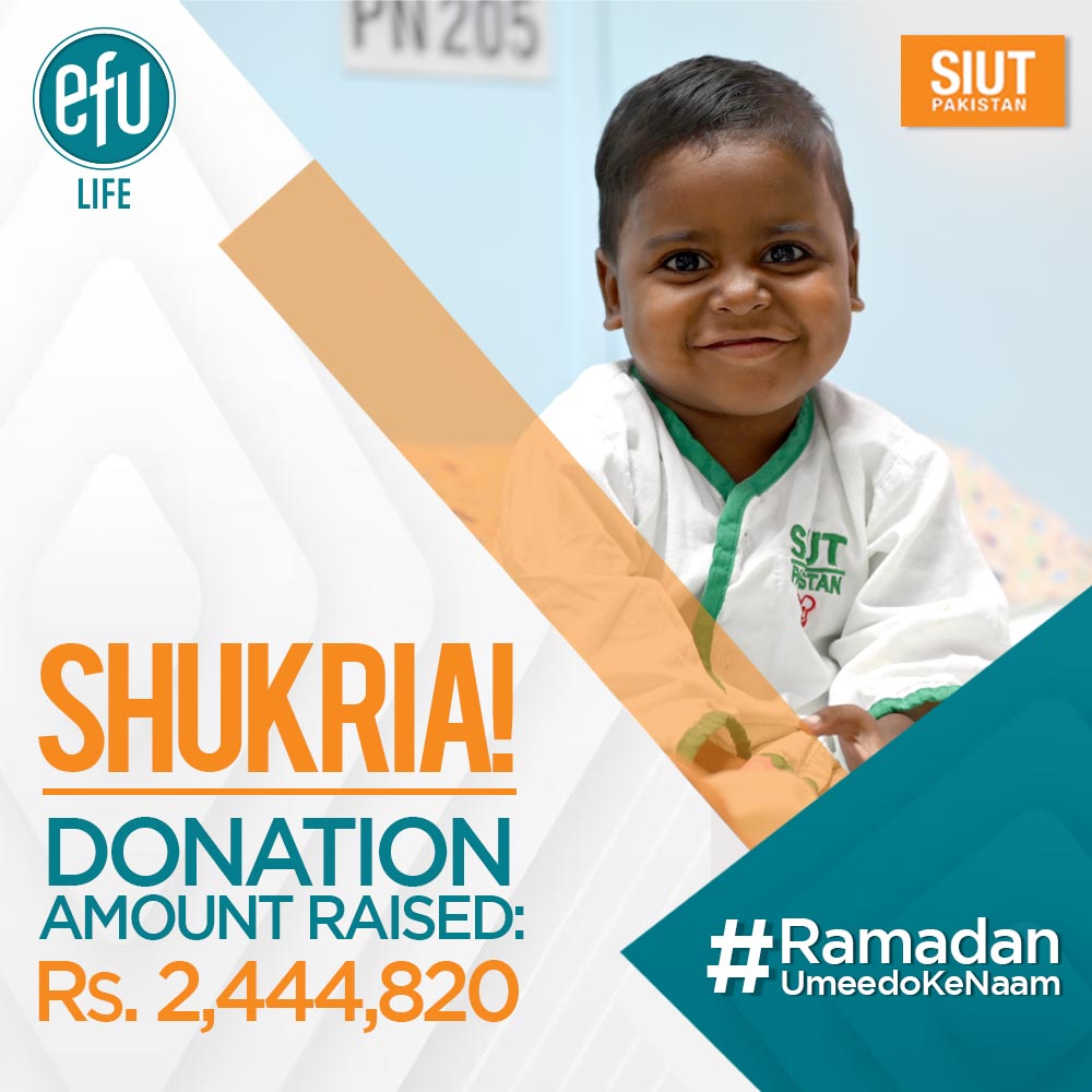 Thank you for your efforts and support for our initiative #RamadanUmeedoKeNaam! The raised amount will be donated to SIUT to help them in their mission of providing free healthcare to everyone, with dignity & compassion. #EFULife #SIUT