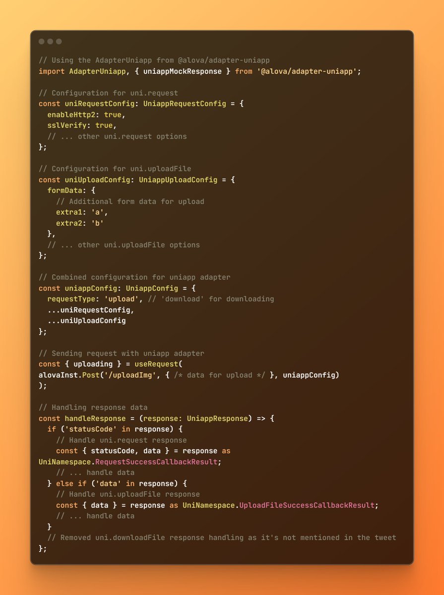 alovajs's tweet image. Tired of type adaptation hassles for uni-app requests? 😩 @alova/adapter-uniapp lets you wave bye to type conflicts! 👋 Seamless type-matching for method config &amp;amp; response data with uni.request, uni.uploadFile &amp;amp; uni.downloadFile 🎉 #uniapp #typescript