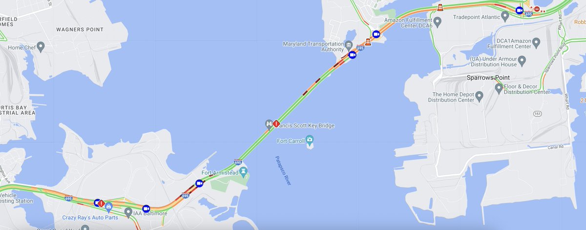 MoCoFireWire's tweet photo. Large boat just collided with the Francis Scott Key Bridge. 
Mass Casualty Incident - many cars and people are in the water.

This JUST happened, no word on injuries yet. 

This is a once in a lifetime event. 

#Baltimore #MdTraffic