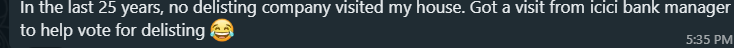 akshat96jain's tweet image. ICICI showing extreme desperation to get delisted. 

Why is this wrong?
- Privacy - it's simply not OK to send bank RMs at doorsteps of minority shareholders;

- Force - they aren't just canvassing for votes, they're pressurizing to vote FOR &amp;amp; show the vote screenshot