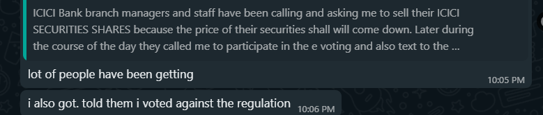 akshat96jain's tweet image. ICICI showing extreme desperation to get delisted. 

Why is this wrong?
- Privacy - it's simply not OK to send bank RMs at doorsteps of minority shareholders;

- Force - they aren't just canvassing for votes, they're pressurizing to vote FOR &amp;amp; show the vote screenshot