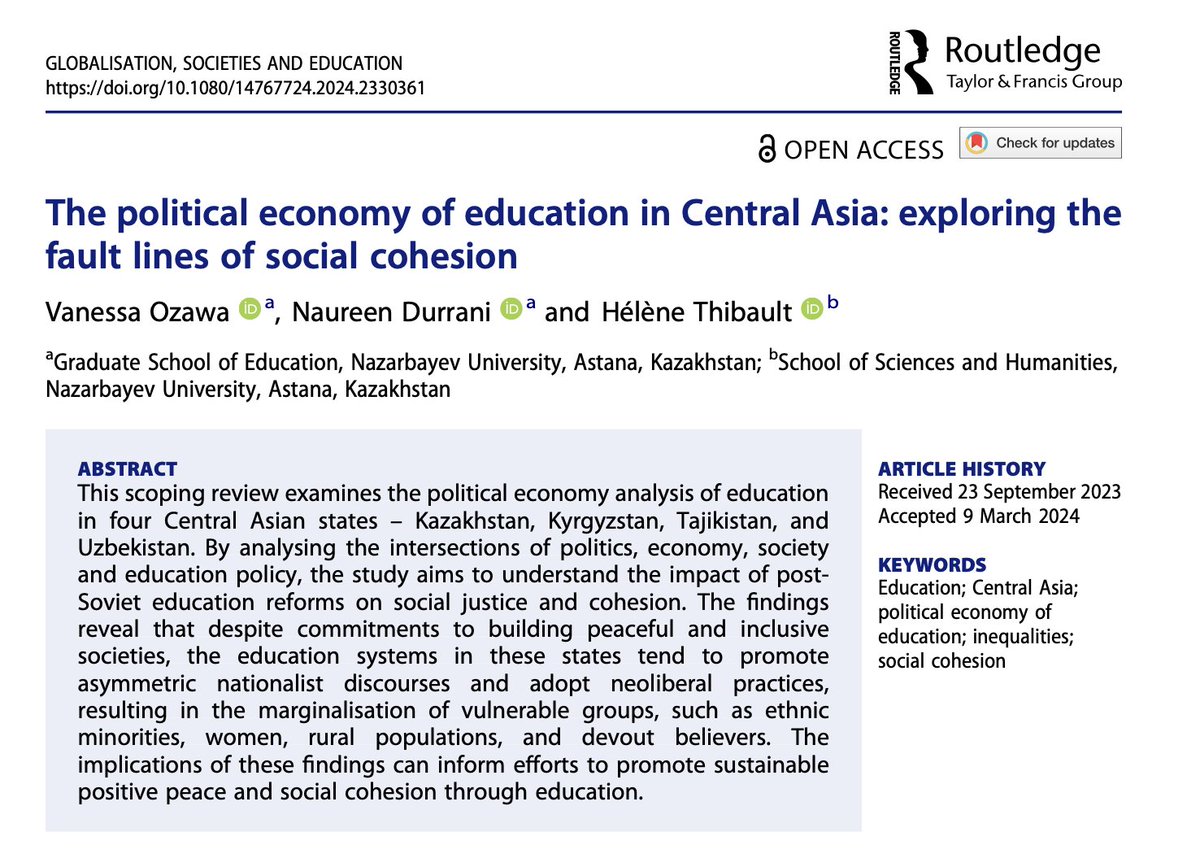 PEER Network (@peernetworkgcrf) on Twitter photo We're excited to share this fascinating paper studying conflict, socio-economic inequalities and education.
Congrats to PEER's <a href="/durrani_naureen/">Naureen Durrani</a>, <a href="/V_Ozawa/">Vanessa Ozawa</a> and <a href="/helthib/">Hélène Thibault</a>.
This has been published in the journal: Globalisation, Societies and Education.
tandfonline.com/doi/full/10.10… We're excited to share this fascinating paper studying conflict, socio-economic inequalities and education.
Congrats to PEER's <a href="/durrani_naureen/">Naureen Durrani</a>, <a href="/V_Ozawa/">Vanessa Ozawa</a> and <a href="/helthib/">Hélène Thibault</a>.
This has been published in the journal: Globalisation, Societies and Education.
tandfonline.com/doi/full/10.10…