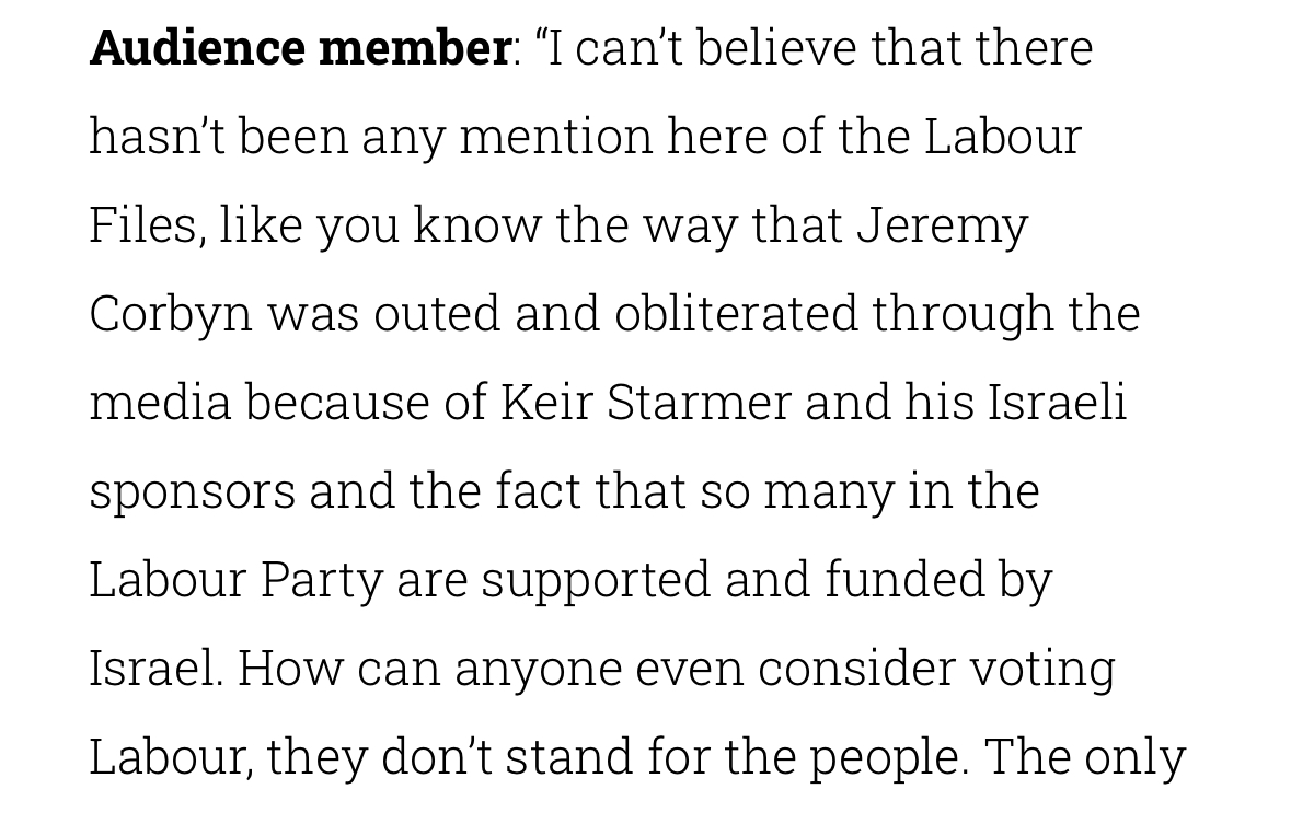 I've now seen a transcript of last night's Kilburn meeting - I won't link to it as it libels me - however the precise words the audience member used were these, and they're just as unacceptable... to say that many people in Labour are "supported and funded by Israel" and that