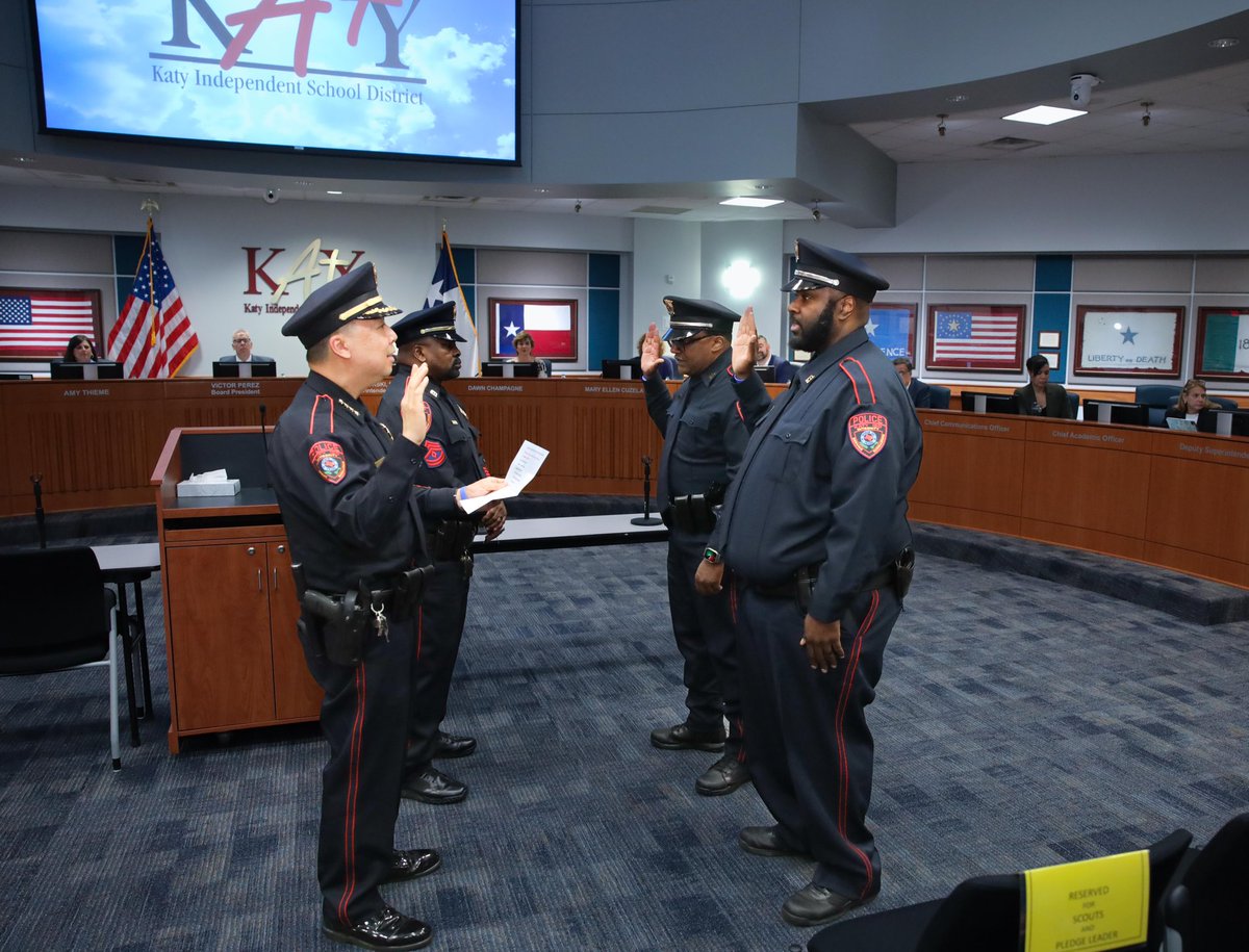 katyisdpolice's tweet photo. Yesterday evening at our monthly Board Meeting we swore in two of our newest Police Officers, C. McFarlin and J. Jean-Louis. We look forward to how they will positively influence our future leaders. https://t.co/2QBYwg0NW7