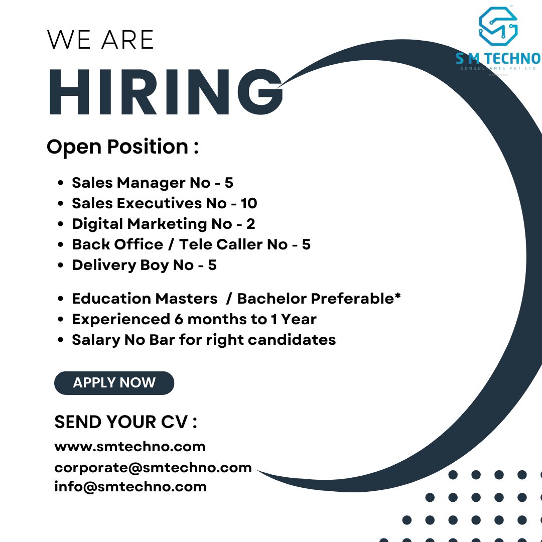 Hiring ! Hiring !

Interested candidates can send their resume to corporate@smtechno.com

#hiringnow #hiringimmediately #itandsoftware #itdevelopment #sales
#technicalanalysis #surat #suratjobs #suratitjobs #suratcity