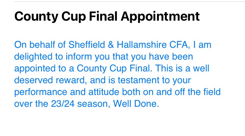 tombarney229's tweet photo. Wonderful email to wake up to this morning! Massive thanks to @DannyGuestSHCFA and all at @SHCFA @SHCFAReferee Just a shame I’m on holiday next week 🙈 Can anyone livestream the presentation please? 🙏🏻🤣⚽️#football #referee https://t.co/hcMZxVFSPH
