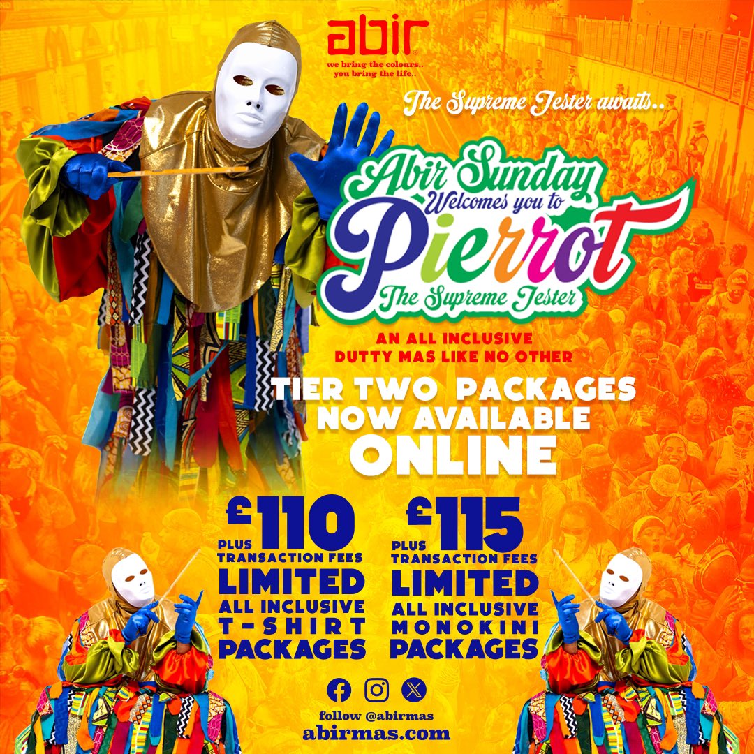 ABIRMas's tweet photo. ABIR SUNDAY
An Experience not to be missed.
Get your TIER 2 PACKAGES Today!
.
The Supreme Jester awaits..
.
REGISTER YOU &amp; YOUR TEAM!
https://t.co/Mn0P02OZbx
.
#nottinghillcarnival
#nhc #abirmas #abir
#jouvert #pierrot
#duttymas
#frolicnation https://t.co/Vksm3owAHm