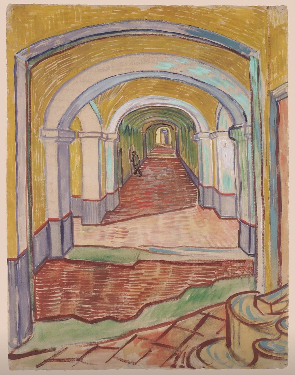 Couloir de l’asile
Vincent van Gogh , 1889

Des souffrances ont conduit Van Gogh à se faire admettre à l’hôpital psychiatrique de Saint-Rémy-de-Provence, situé dans le monastère roman de Saint-Paul-de-Mausole.

Tout au long de ses douze mois d’enfermement, il continue à peindre.