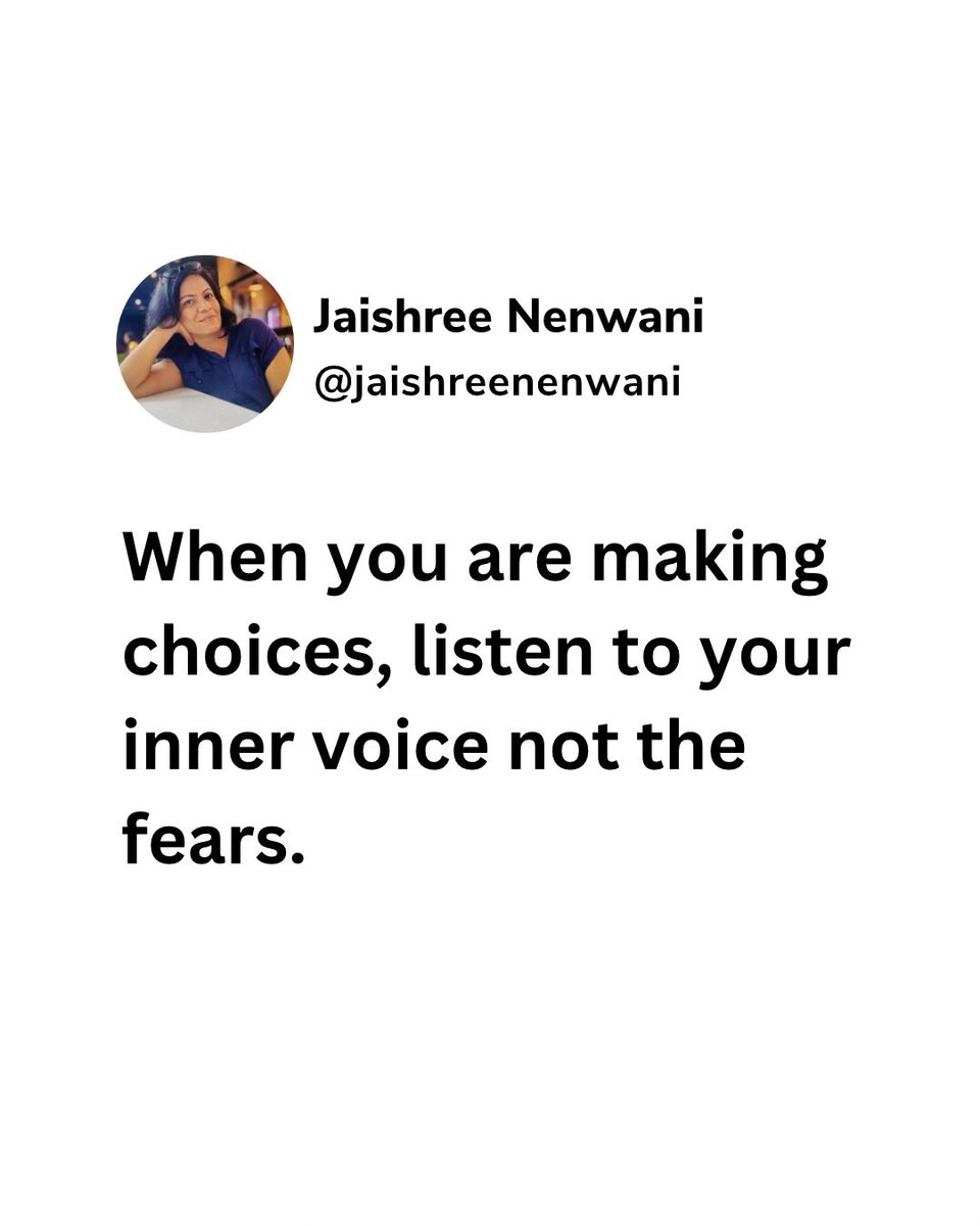 When you are making choices, listen to your inner voice not the fears..
.
.

#motivation #motivationalquotes #quotes #qoutesoftheday #bookworm #jaishreenenwani #getsethappy #selfhelpbooks #author #tinyhabitmassiveresults #writerscommunity #writerslift