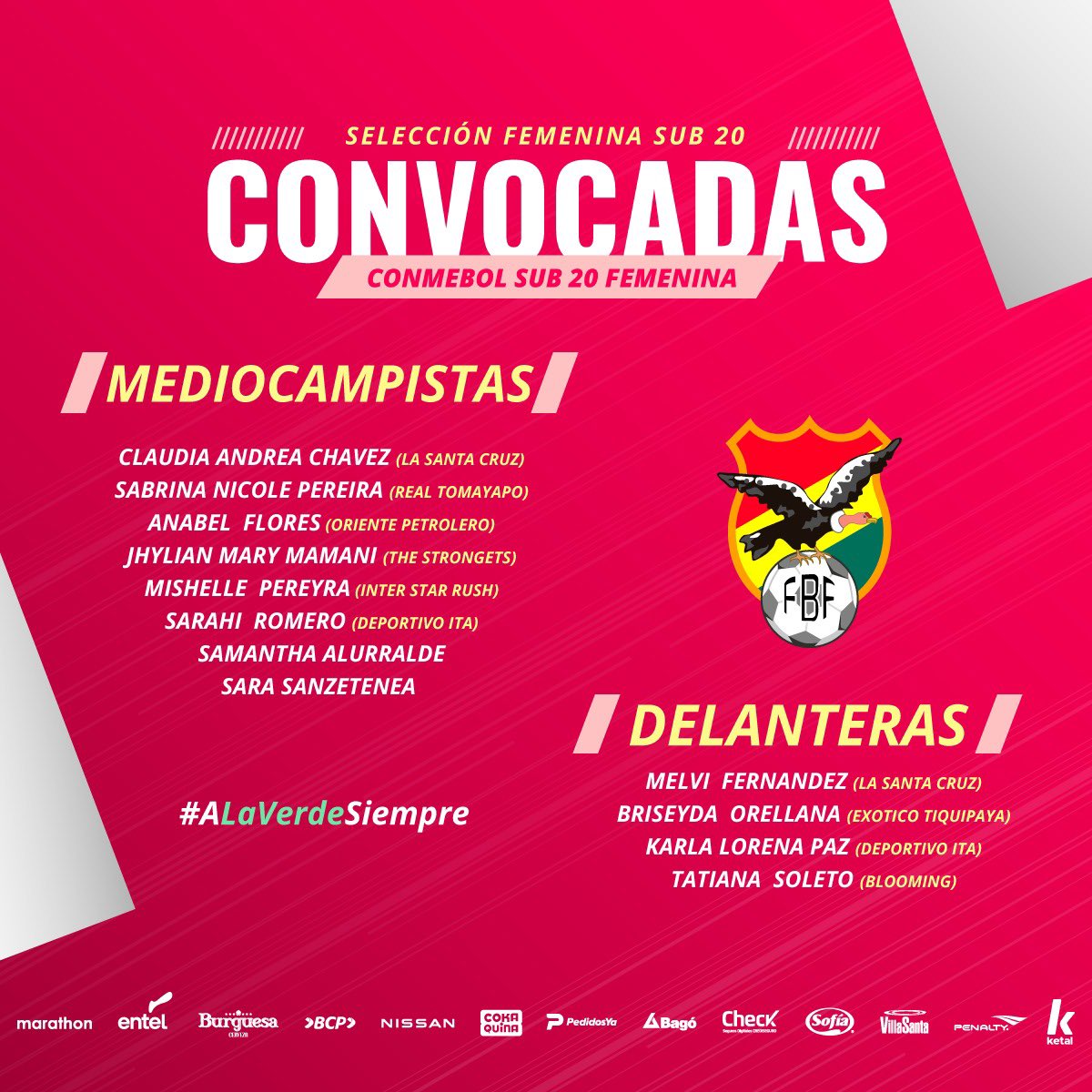 🇧🇴 CONVOCATORIA PARA MICROCICLO DE LA SELECCIÓN FEMENINA DE FÚTBOL SUB-20.⚽️🏆 Estas son las 22 jugadoras convocadas por el profesor Mauricio Villarroel y su cuerpo técnico. El nuevo microciclo se llevará a cabo en el departamento de Santa Cruz, del 26 al 31 de marzo.